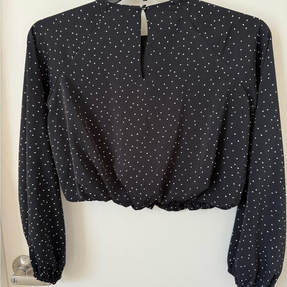 H&M Black Sz. XS Black White Polka Dot Long Sleeve Crop Bubble Blouse Crop - Picture 2 of 4